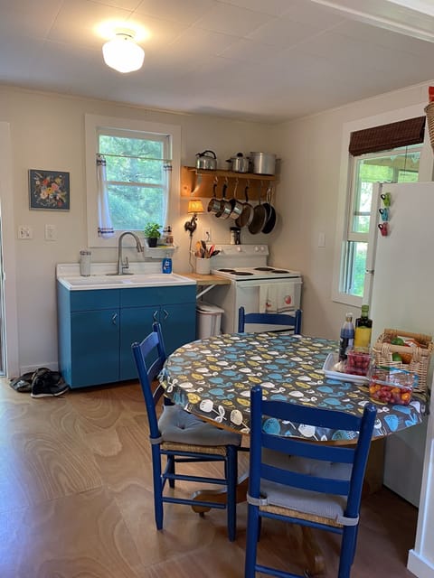 Small, but functional and well stocked kitchen. 