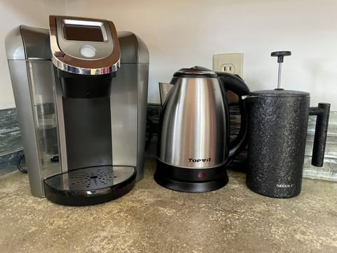 Keurig, electric kettle, French press. 