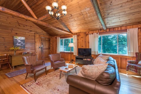 Living room with radiant heat woodstove and Roku TV for streaming