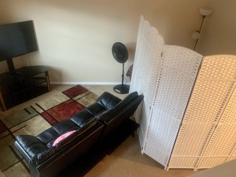 Bedroom in lieu of living room. 1 full bed with privacy divider & 1 futon sofa