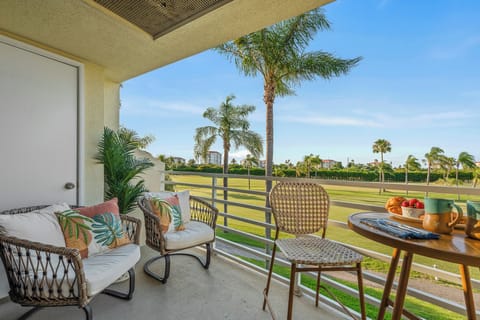 Balcony with bistro table and seating for 4 allows everyone to gather together. 