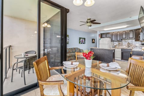 Looking out at lanai from dining area.