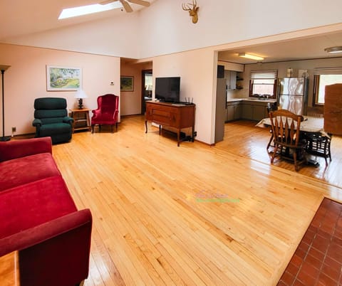 Living, dining and kitchen area.