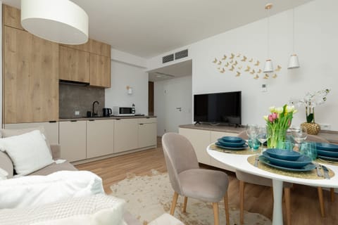 View of the living room and kitchenette which are connected in a harmonious, stylish way.