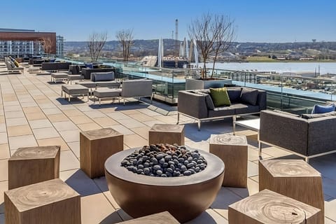 Start the day with coffee at the rooftop counter seats.