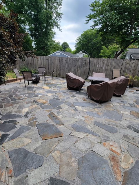 Patio w/fire pit, table/chairs, and hammocks.