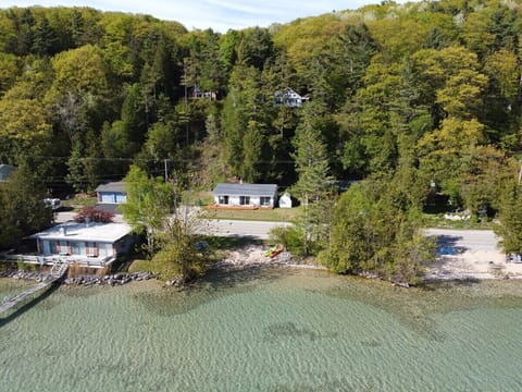 EXTERIOR:  A broader aerial photo of the cottage and Crystal Lake.  Note how incredibly clear the water is!  :-)