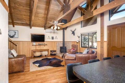 Open living room connected to kitchen and open A-frame 