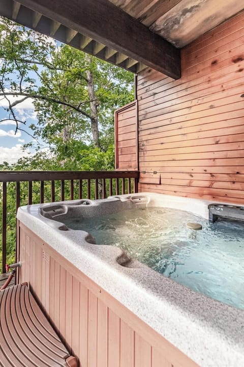 Our wonderful, new hot tub looking out into the Great Smokies!