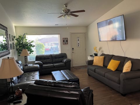 (2) Couches, (1) Loveseat, Ottoman that converts to single bed, Leather recliner