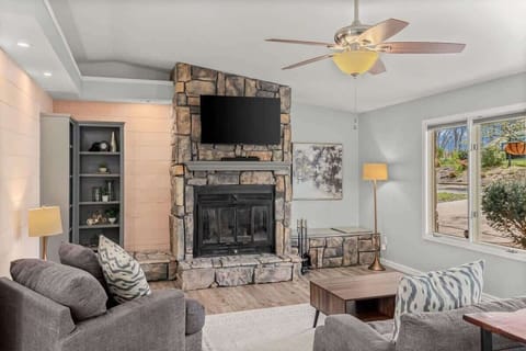 Gather around the stone fireplace for cozy evenings after riding the Tweety Bird Trail.
