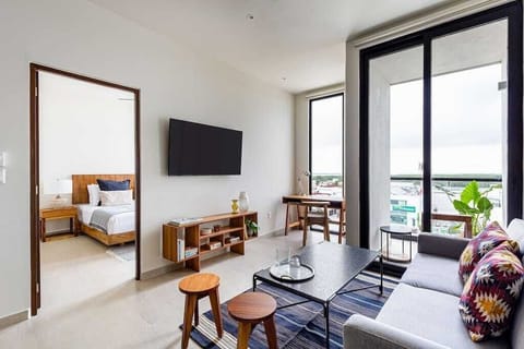 Living room with private balcony and lagoon view