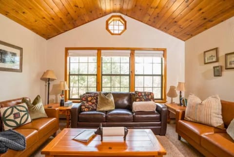 Cozy living room with vaulted ceilings and 50' smart TV equipped with Amazon TV. 