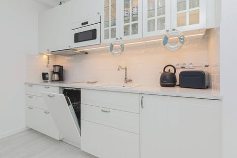 Fully equipped kitchenette with an iduction hob, microwave, dishwasher, electric kettle, toaster and two coffee machines (capsule and overflow).
