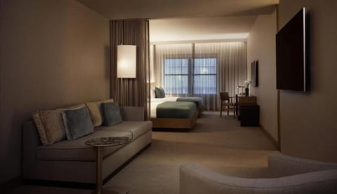 Take in city lights from bed for a memorable stay.