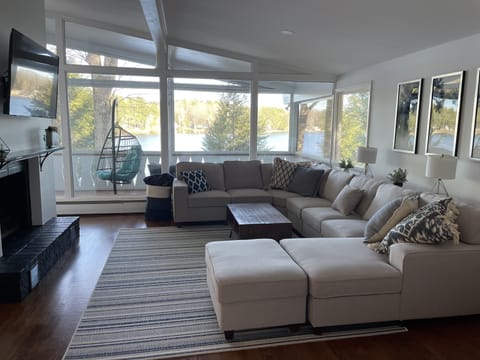 family room with panoramic lake view
