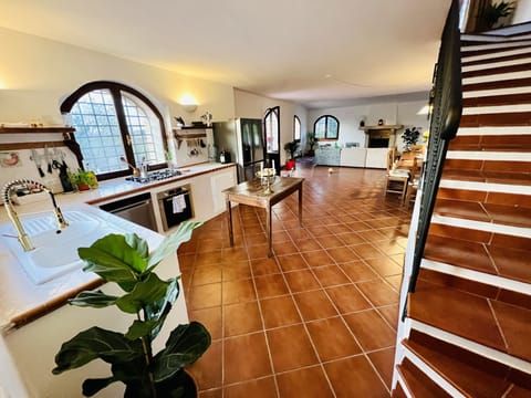 The main villa's kitchen and dining table and living room area