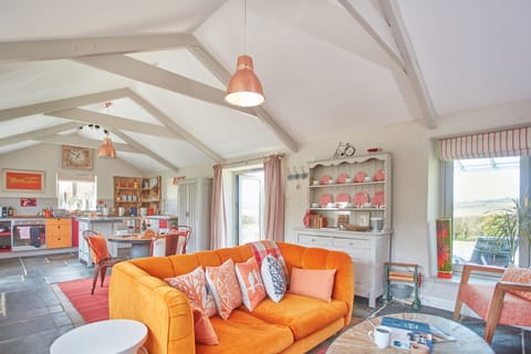 Meadow View, Newquay. Sitting room area with a plush velvet sofa, Smart television, wood burning stove and patio doors