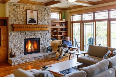 Enjoy the fireplace and cozy living room with Classic Eames Chair!