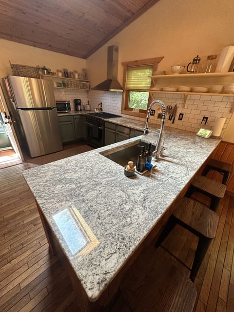 Granite counters and stainless steel appliances.