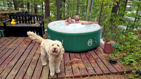 The Hot Tub keeps our guests hot and steamy, just outside the door of the Stabbin Cabin.