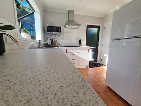 Kitchen space with a good sized fridge/freezer, with back door to close line