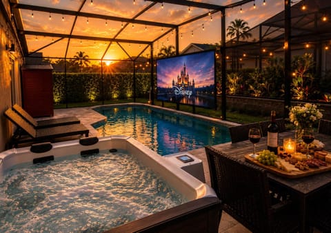 Your pool deck, cinema screen, hot tub