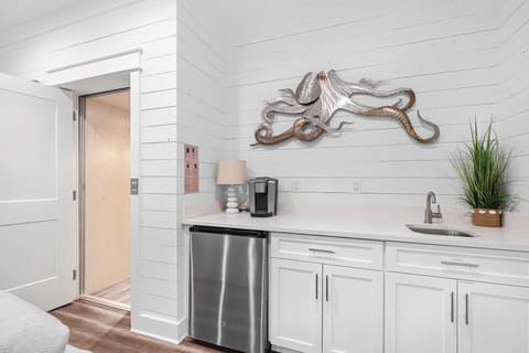 Wet bar area w/ sink, storage & playful coastal decor.