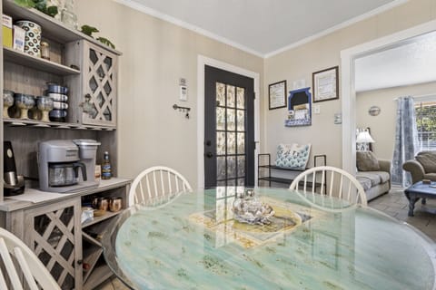 Cute beverage bar includes Keurig coffeemaker. 