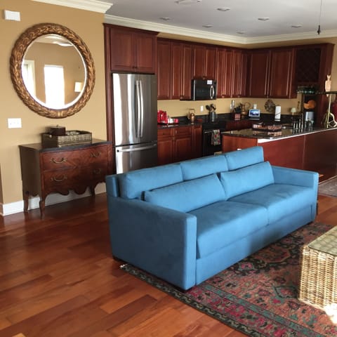 King sleeper sofa with view of full service kitchen
