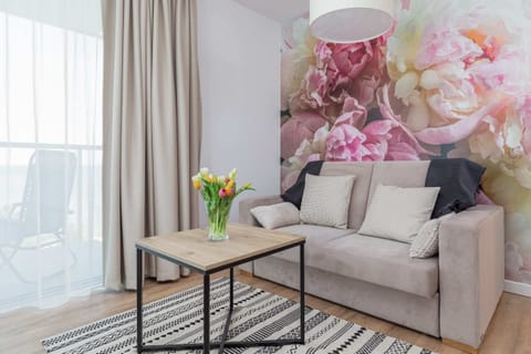 The living room features a sleek coffee table and a flat-screen television.