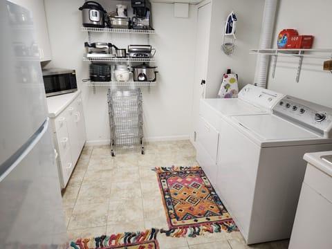 Washer, dryer, iron/board, sink, pods, dryer sheets, refrig/freezer.