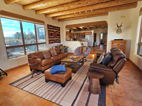 Great room interior view towards kitchen.