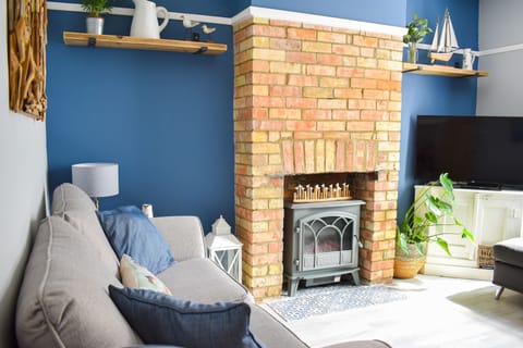 Seagull cottage living room with original exposed fireplace, electric stove and Smart TV