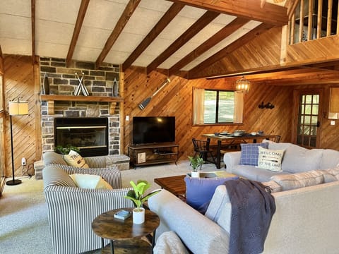 Family room with Roku TV, DVD player and stone fireplace