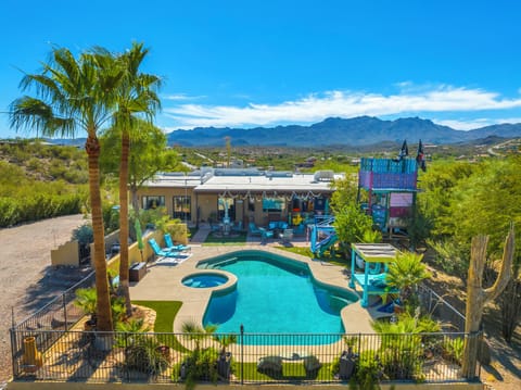 Sparkling heatable pool is the centerpiece of our private hilltop desert oasis.