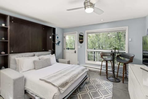 Newly updated studio with murphy bed/couch combo, pub table and chairs, and 55" smart tv