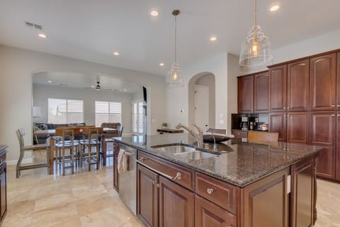 Kitchen with gas stove, double ovens, fully stocked with essentials