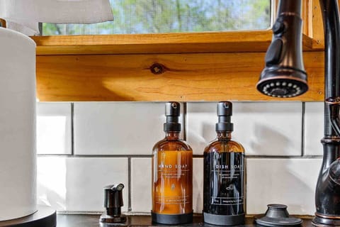 Gentle hand soap and dish soap by the double kitchen sink.