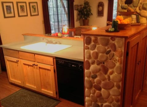 Pine and stone in the kitchen.