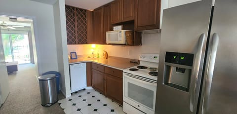 Galley kitchen in open floor plan living, dining and kitchen.