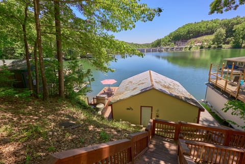 View of the lake and boathouse from the stairs
