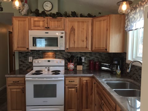 Microwave, ele stove, dishwasher, basic cookware, utensils, plates, etc.