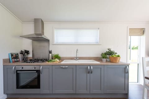 The kitchen with an oven, stovetop, sink and crockery - Forget Me Not Lodge