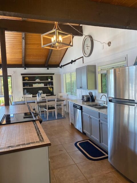 Modern kitchen w/ stainless accents & ocean light.