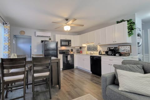 Full Kitchen with cookware, dinnerware for 4, spice rack, nice coffee bar and more!