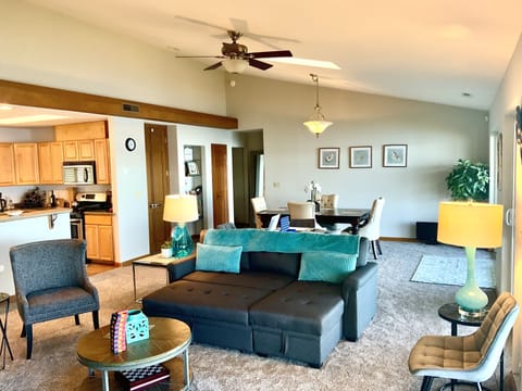 Spacious, sun-filled living room with vaulted ceiling and skylights.