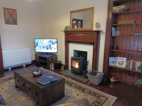 Lounge with smart TV and wood burner.