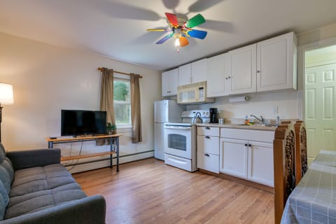 Kitchen with Full sized Refrigerator, Microwave, and Coffee Maker. 
