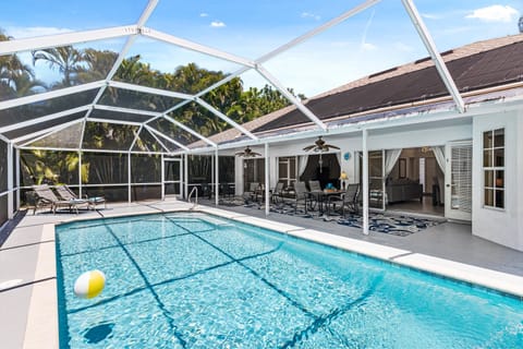The electric-heated pool has southern exposure
